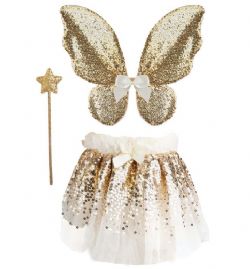 ENSEMBLE JUPE AILES ET BAGUETTE À PAILLETTES D'OR